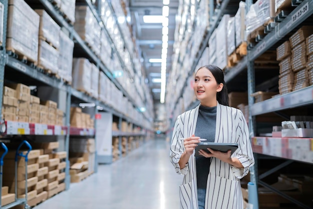 Retrato do proprietário da empresa asiática usando tablet digital, verificando a quantidade de estoque de produtos em estoque na prateleira no armazém de distribuição, serviço de transporte e entrega de negócios logísticos