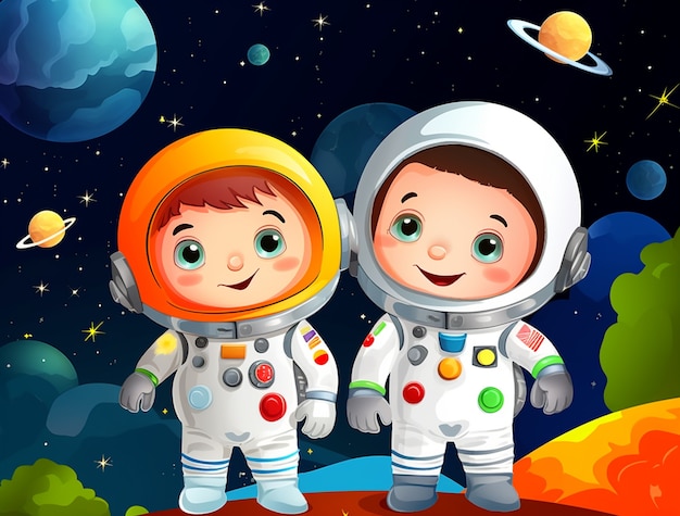 Foto grátis retrato em estilo de desenho animado de duas crianças astronautas