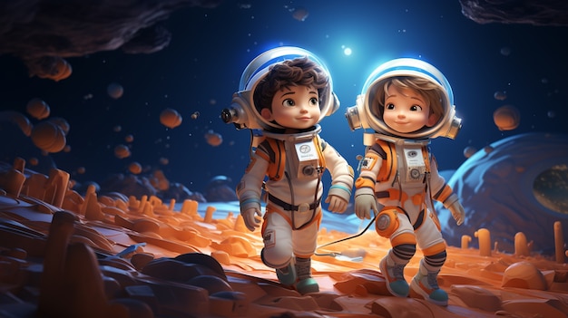 Foto grátis retrato em estilo de desenho animado de duas crianças astronautas