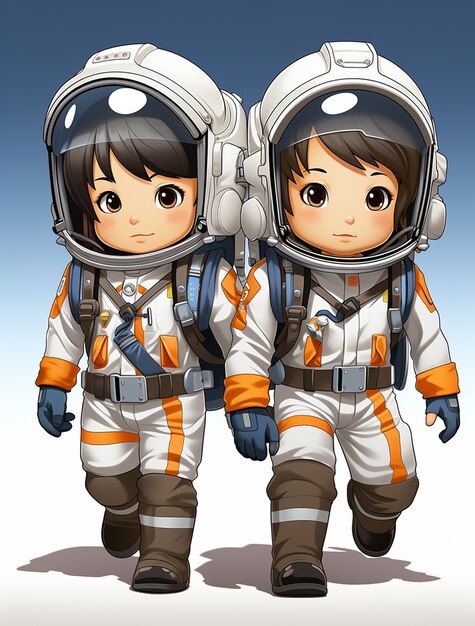 Retrato em estilo de desenho animado de duas crianças astronautas