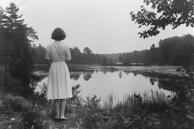 Retrato em preto e branco de mulher triste