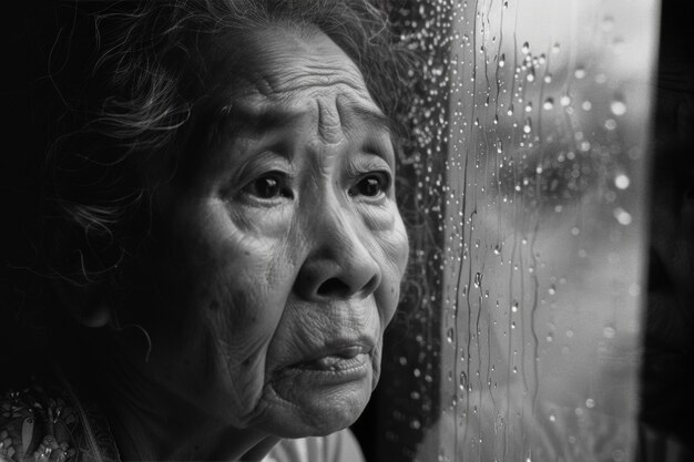 Retrato em preto e branco de mulher triste