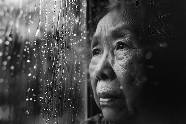 Retrato em preto e branco de mulher triste