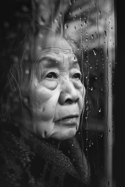 Retrato em preto e branco de mulher triste