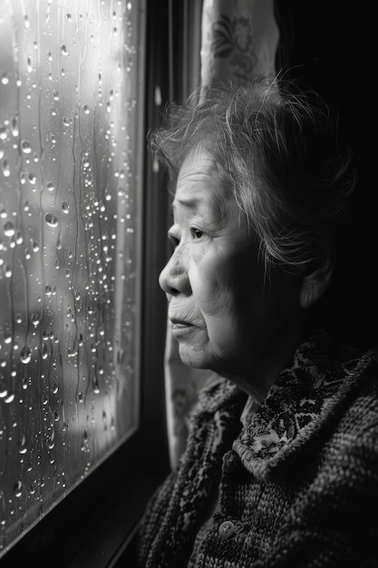 Retrato em preto e branco de mulher triste