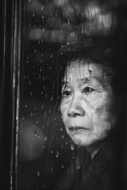 Retrato em preto e branco de mulher triste