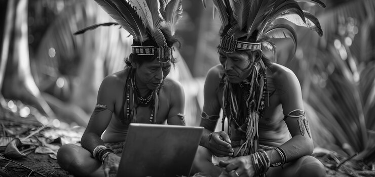 Foto grátis retrato em preto e branco de nômades digitais