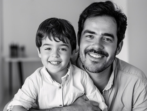 Retrato em preto e branco de pai e filho mostrando vulnerabilidade e auto-aceitação.