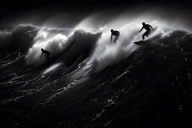 Foto grátis retrato em preto e branco de pessoas surfando entre as ondas