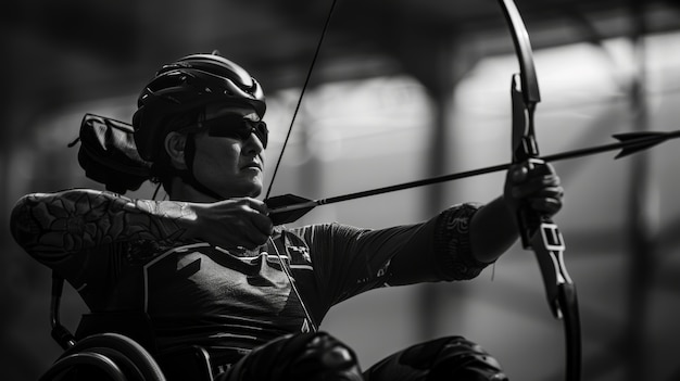 Foto grátis retrato em preto e branco de um atleta competindo nos jogos do campeonato paralímpico