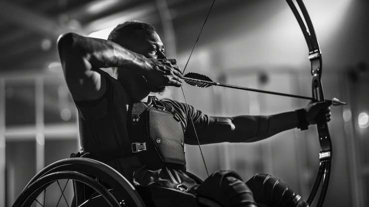 Foto grátis retrato em preto e branco de um atleta competindo nos jogos do campeonato paralímpico
