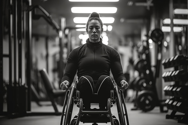 Retrato em preto e branco de um atleta competindo nos jogos do campeonato paralímpico