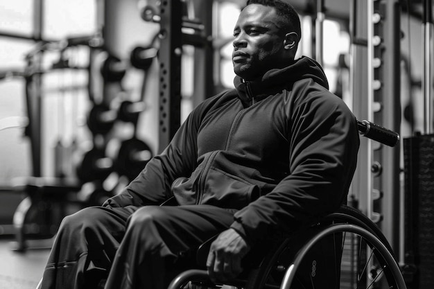 Retrato em preto e branco de um atleta competindo nos jogos do campeonato paralímpico