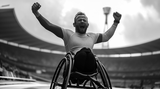 Foto grátis retrato em preto e branco de um atleta competindo nos jogos do campeonato paralímpico