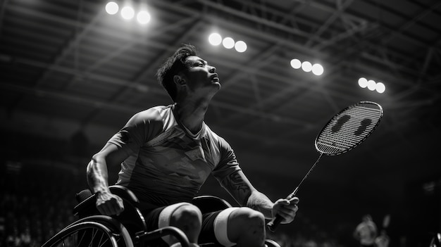 Foto grátis retrato em preto e branco de um atleta competindo nos jogos do campeonato paralímpico