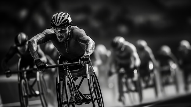 Retrato em preto e branco de um atleta competindo nos jogos do campeonato paralímpico