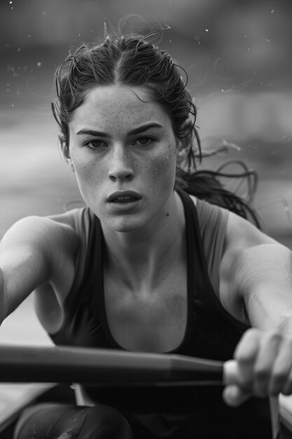 Retrato em preto e branco de um atleta participando dos esportes do campeonato olímpico