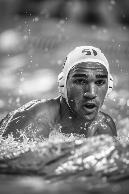 Retrato em preto e branco de um atleta participando dos esportes do campeonato olímpico