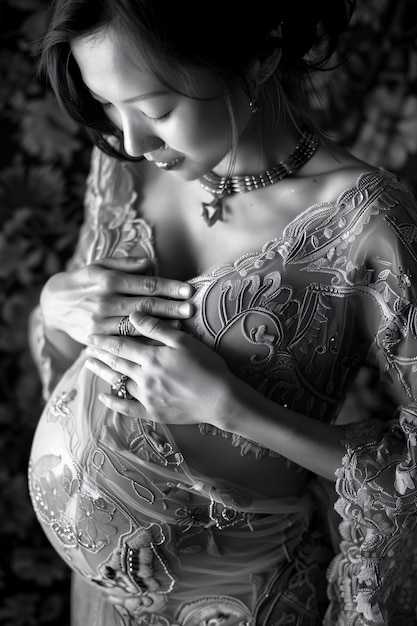 Retrato em preto e branco de uma mulher esperando um bebê