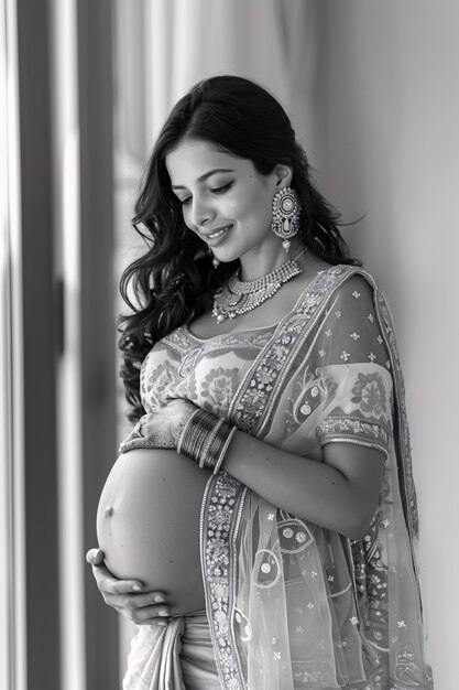 Retrato em preto e branco de uma mulher esperando um bebê