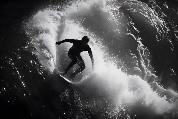 Retrato em preto e branco de uma pessoa surfando entre as ondas