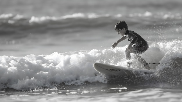 Foto grátis retrato em preto e branco de uma pessoa surfando entre as ondas