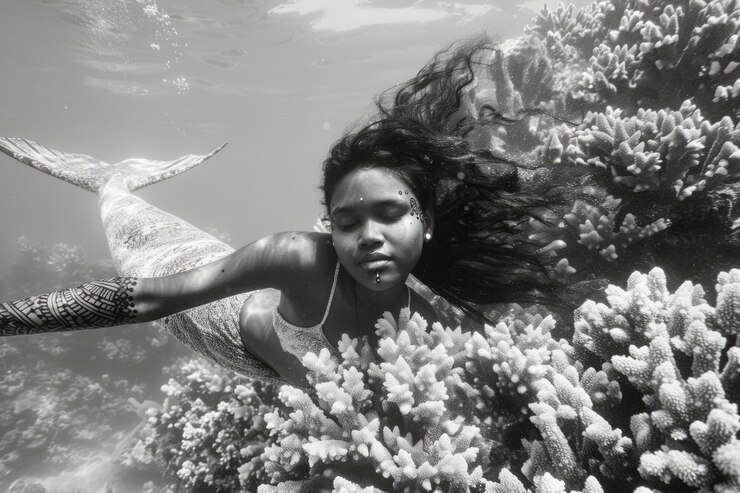 Foto grátis retrato em preto e branco de uma sereia