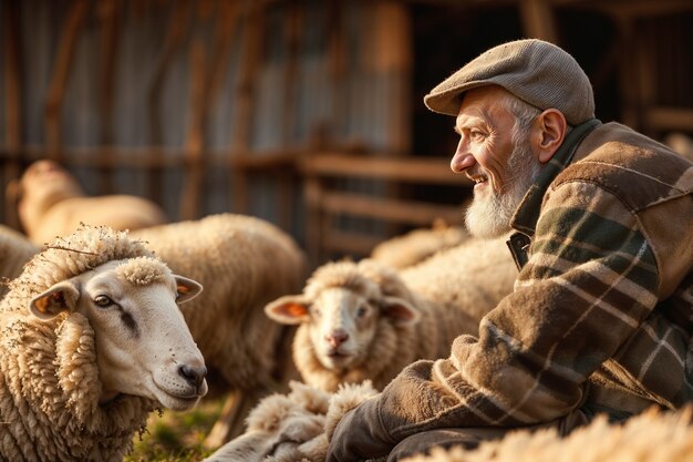 Retrato fotorrealista de pessoas cuidando de ovelhas na fazenda