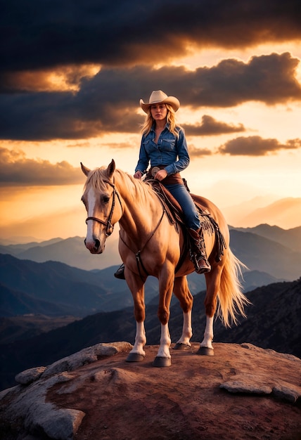 Foto grátis retrato fotorrealista de uma cowboy no pôr-do-sol