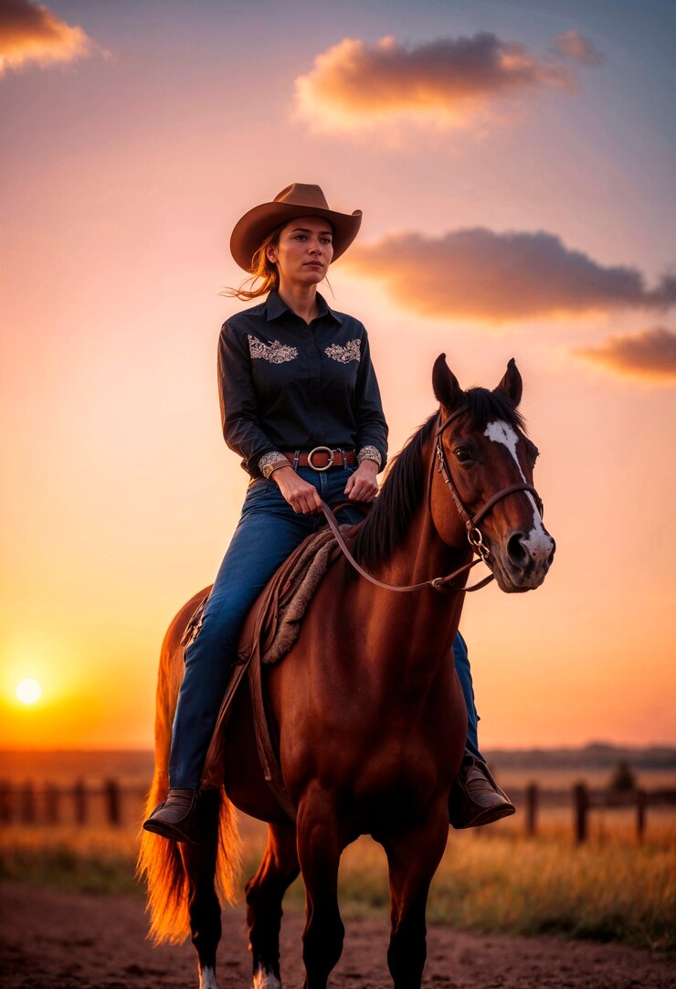 Retrato fotorrealista de uma cowboy no pôr-do-sol
