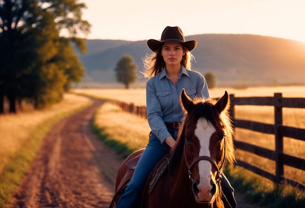 Foto grátis retrato fotorrealista de uma cowboy no pôr-do-sol