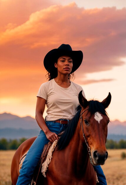 Retrato fotorrealista de uma cowboy no pôr-do-sol