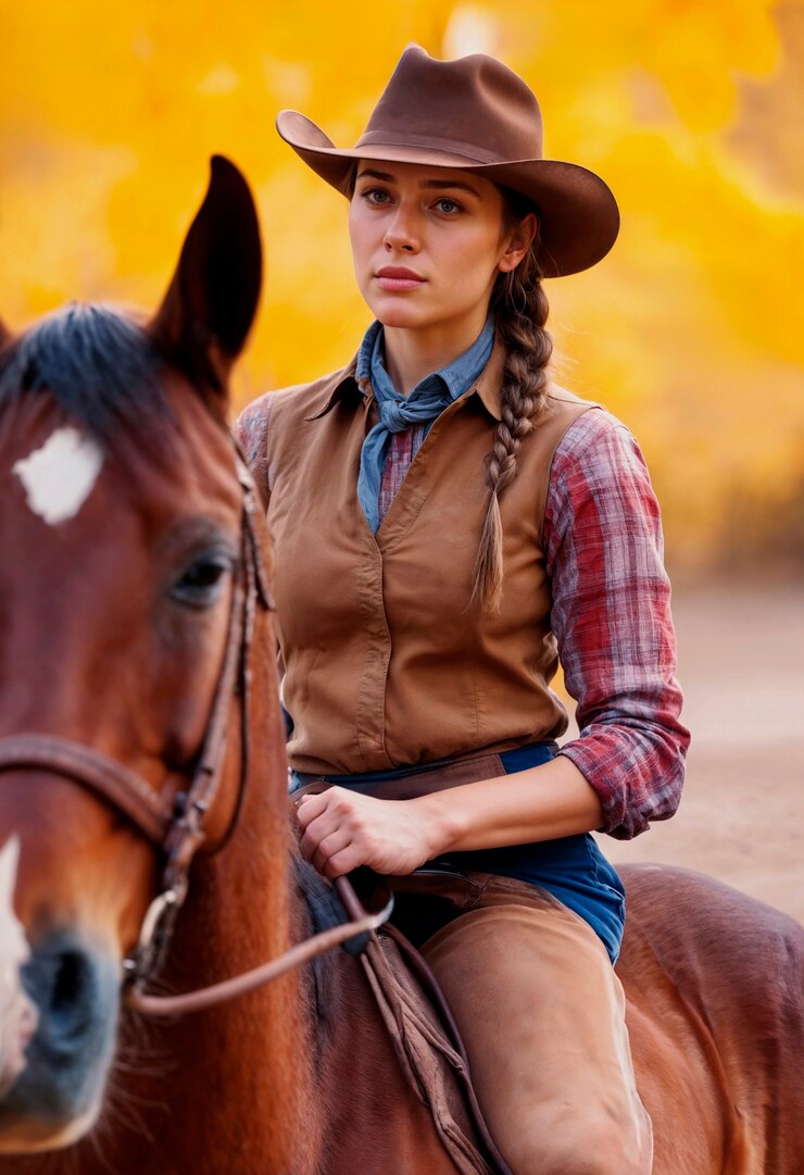 Foto grátis retrato fotorrealista de uma cowboy no pôr-do-sol