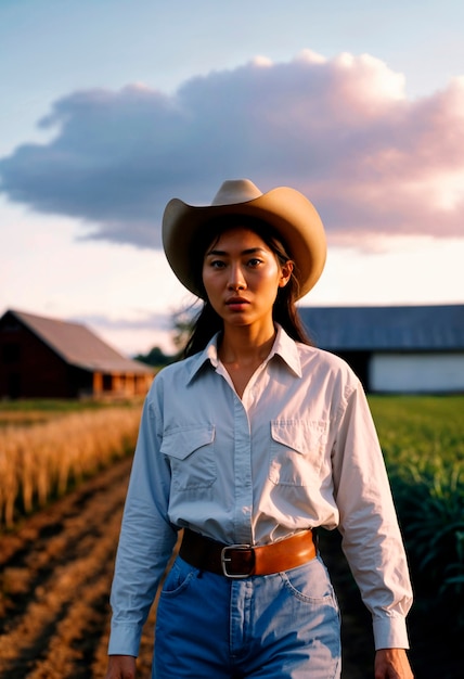 Foto grátis retrato fotorrealista de uma cowboy no pôr-do-sol