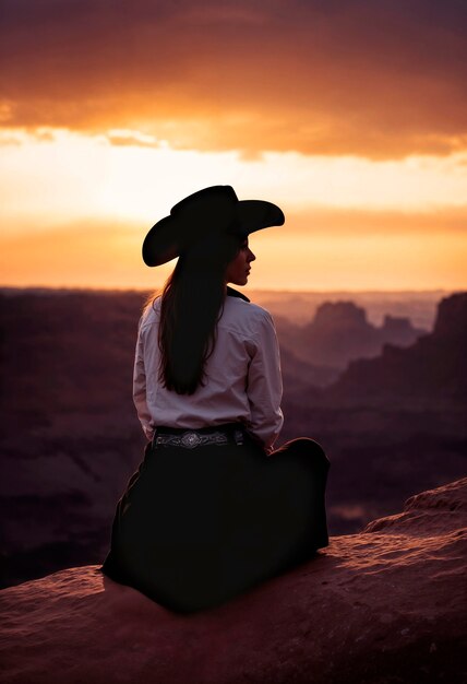 Retrato fotorrealista de uma cowboy no pôr-do-sol