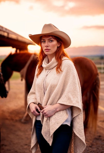 Foto grátis retrato fotorrealista de uma cowboy no pôr-do-sol