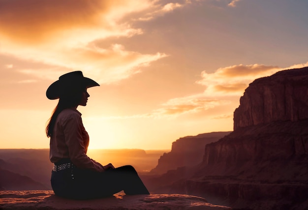 Retrato fotorrealista de uma cowboy no pôr-do-sol