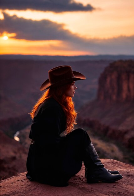 Retrato fotorrealista de uma cowboy no pôr-do-sol