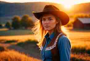 Foto grátis retrato fotorrealista de uma cowboy no pôr-do-sol