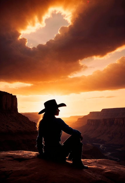 Foto grátis retrato fotorrealista de uma cowboy no pôr-do-sol