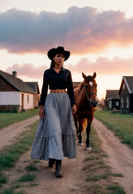 Foto grátis retrato fotorrealista de uma cowboy no pôr-do-sol