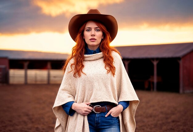 Retrato fotorrealista de uma cowboy no pôr-do-sol