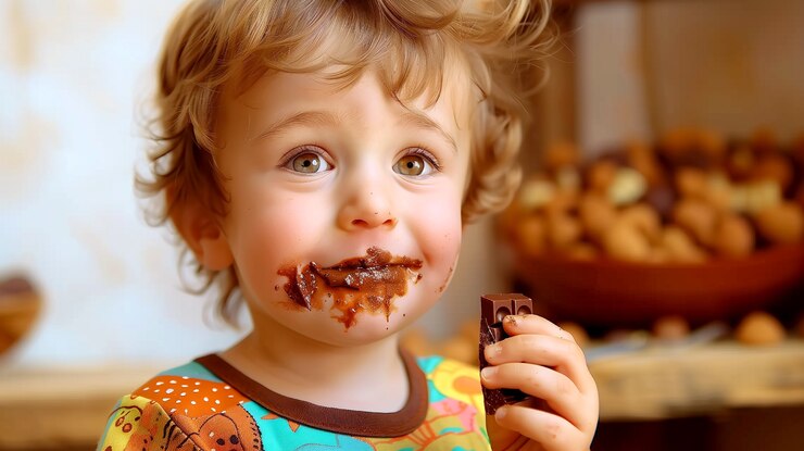 Foto grátis retrato fotorrealista de uma criança comendo chocolate saboroso e doce