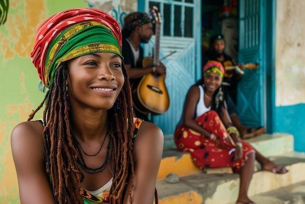 Retrato fotorrealista de uma mulher rastafari africana com dreads