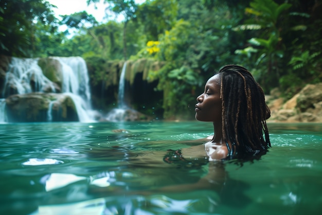 Retrato fotorrealista de uma mulher rastafari africana com dreads