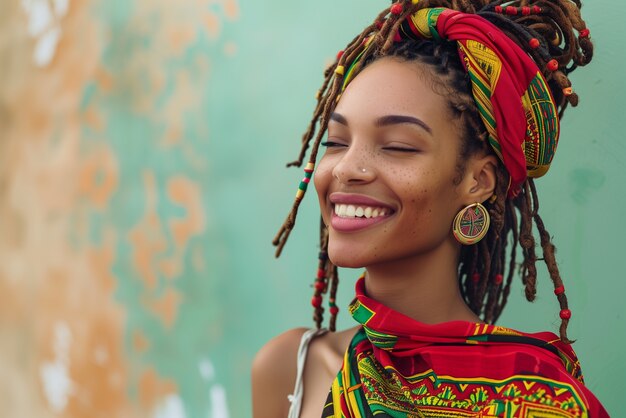 Retrato fotorrealista de uma mulher rastafari africana com dreads