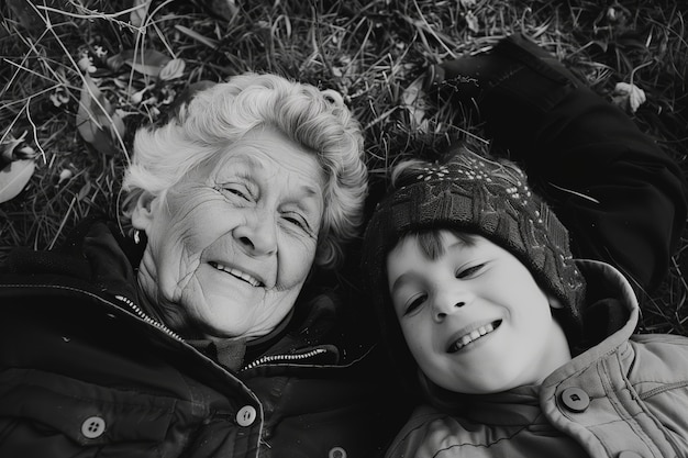 Foto grátis retrato monocromático de avó com neto comemora o dia dos avós