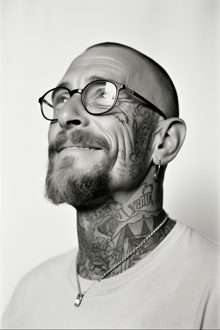 Foto grátis retrato monocromático de homem com tatuagens