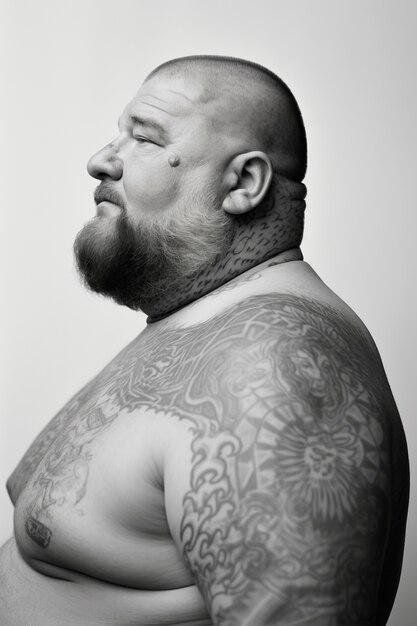 Retrato monocromático de homem com tatuagens