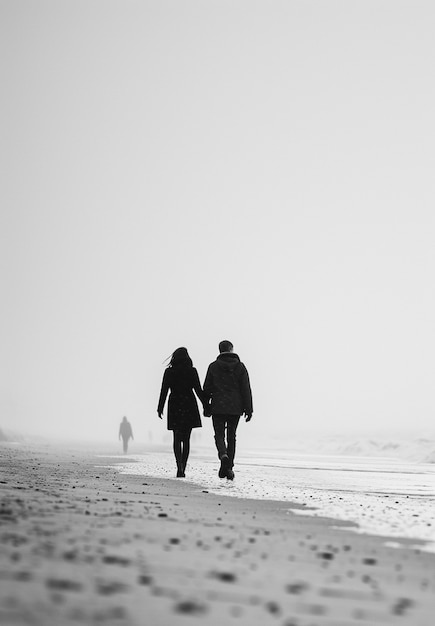 Foto grátis retrato monocromático de um casal a caminhar na praia
